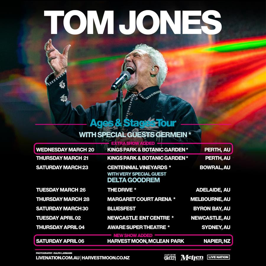 TOURS: TOM JONES ANNOUNCES SECOND PERTH DATE DUE TO OVERWHELMING DEMAND